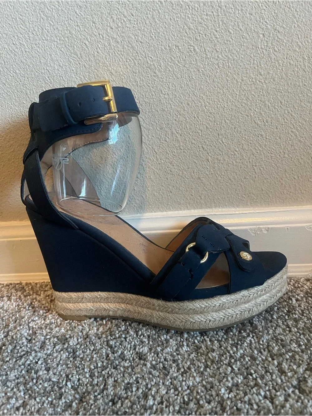 Tommy Hilfiger Navy Espadrille Wedge Sandals with Gold Buckle